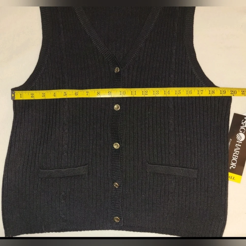 Vtg Sag Harbor Black Button Up Cable Sweater Vest Small Gold Button Academia